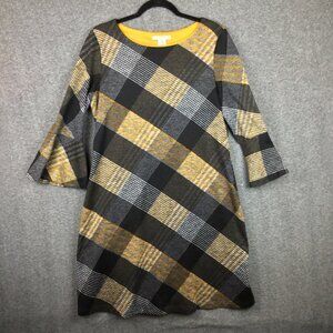 Studio One New York Fluted Sleeve Dress Sz M Black and Yellow Plaid